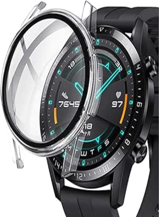 Yrzper Compatible for Huawei GT2 Watch Screen Protector 46mm Ultra Thin HD Tempered Glass Screen Protection Overall Protective Case Matte Hard Cover Defense Edge for Huawei GT2 46MM Black&Clear